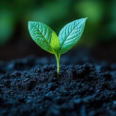A young green plant breaks through dark soil, representing nature's resilience and growth