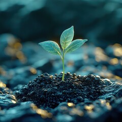 A green sprout grows in wet soil, surrounded by dark stones and morning dew