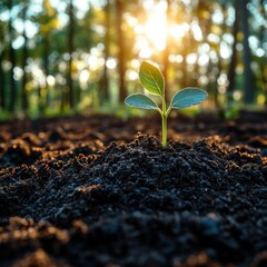 A small green plant breaks through dark soil, illuminated by gentle morning sunlight