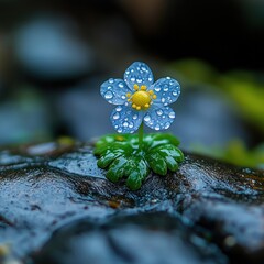 A beautiful blue flower with tiny droplets stands firmly on a damp stone at sunrise