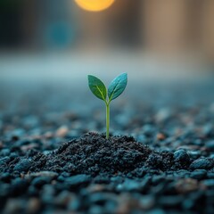 Small green seedling pushes through dark soil on gravel under warm evening glow