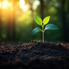 A small green plant sprouts from dark earth as sunlight filters through trees at dawn