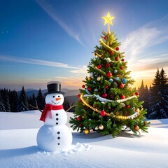 Obraz premium Festive scene of a snowman and decorated tree at sunset