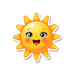 A cute cartoon sun with a happy face and bright blue eyes, radiating warmth and joy.