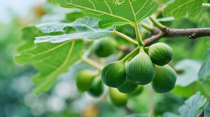 Fototapeta premium Green figs and leaves in garden, soft focus background, fresh harvest in natural sunlight.