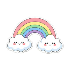 Cute cartoon illustration of a rainbow with fluffy clouds, smiling and happy.