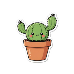 Cute cartoon cactus in a pot with a smiling face and flowers.