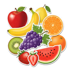 A vibrant collection of fresh, colorful fruit stickers including apple, banana, orange, grapes, kiwi, strawberries, and watermelon, arranged together.