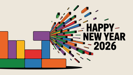 Happy new year 2026 celebration with colorful exploding blocks