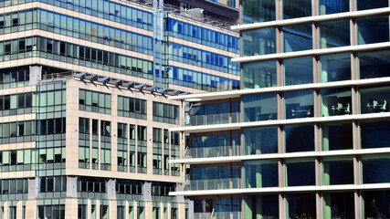 Fototapeta premium View of modern office building with many windows against clear sky. Glass facade wall.