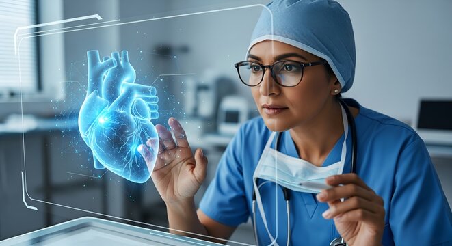 A focused South Asian female doctor in surgical attire analyzes a glowing blue 3D human heart model on a holographic interface in a high-tech hospital environment