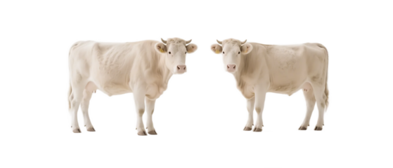 Two light-colored cows are positioned side by side, showcasing their calm appearance in an open environment.