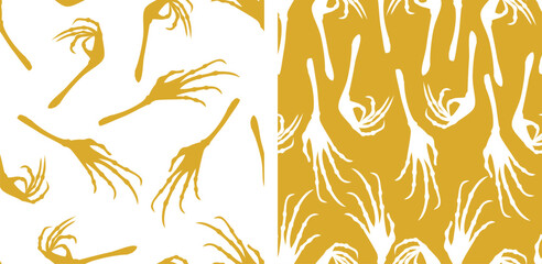 Palm hands of human skeletons silhouettes, seamless patterns, halloween backgrounds, paper, wallpaper, fabric, vector illustration