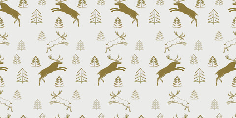 Wild deers and christmas trees golden silhouettes, seamless pattern, background, wallpaper, wrapper, paper, textile, vector illustration