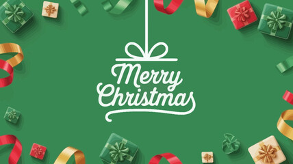 Merry christmas greeting with gifts and ribbons on green background