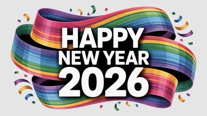Happy new year 2026 with rainbow ribbon and confetti