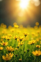 Fototapeta premium A sunlit field of vibrant yellow wildflowers, bathed in golden light, evokes a sense of sacred peace and spiritual purity The scene radiates warmth and serenity , sunlight, yellow, religious