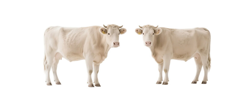 Two light-colored cows are positioned side by side, showcasing their calm appearance in an open environment.