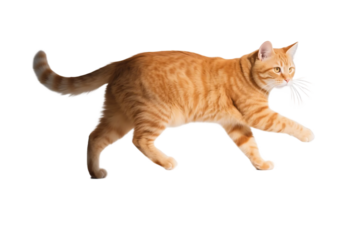 An orange tabby cat is seen walking gracefully on a plain white background, showcasing its striped fur and agile movement.
