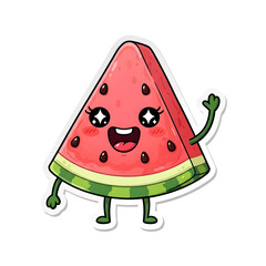 Cartoon watermelon slice with kawaii face and limbs waving.