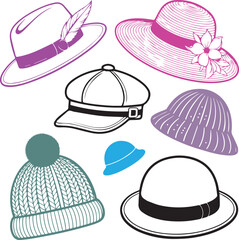 Types of Hats Vector Art: A Collection of Fedora, Floppy, Cap, and Beanie Styles