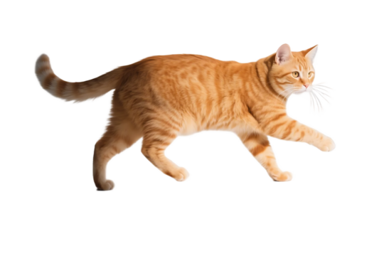 An orange tabby cat is seen walking gracefully on a plain white background, showcasing its striped fur and agile movement.