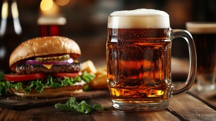 Closeup of a refreshing cold beer in a glass mug paired with a delicious juicy burger meal