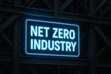 Obraz premium Net zero industry steel recycling green technology co2 plasma circular economy sign glowing on industrial structure promoting sustainable manufacturing and low emissions innovation