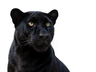 A close-up view of a black panther showcasing its intense gaze and sleek black fur.