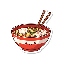 Cute cartoon ramen bowl with a smiling face, noodles, narutomaki, and chopsticks.