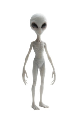 An alien figure with large eyes and a slender body stands alone, representing an otherworldly being.