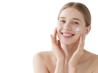 A woman with skincare cream on her face, showcasing a healthy and radiant complexion.