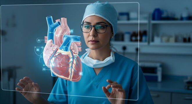 A focused Middle Eastern medical doctor interacts with a holographic display of a detailed, color-coded human heart anatomy in a futuristic hospital research lab - Powered by Adobe