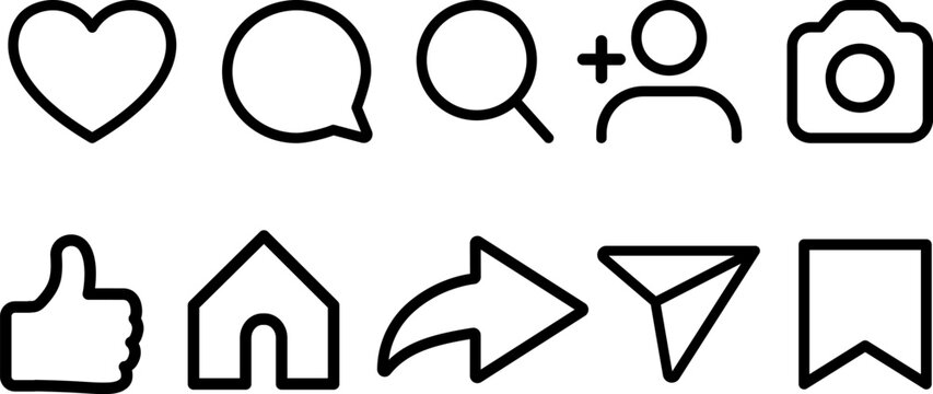 Essential social media icons grouped together showing interaction and navigation functions, ideal for modern digital interface designs