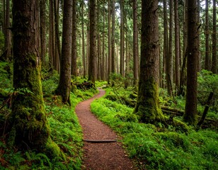 Obraz premium Lush forest trail winding through mossy trees