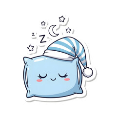 A cute kawaii pillow character wearing a striped sleeping cap, dreaming peacefully under stars and a crescent moon.