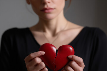 Young Caucasian woman holds broken red heart in her hands