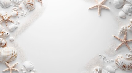 A flat lay of seashells and starfish arranged on white sand, evoking a calm beachside vibe