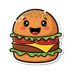 A cute and happy cartoon hamburger with a smiling face and big eyes, featuring sesame seeds on the bun, lettuce, tomato, and cheese.