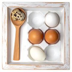 Diverse eggs in a tray with a wooden spoon. Various colors, whites, browns