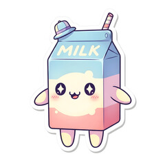 A cute kawaii milk carton character with a happy face, sparkling eyes, and a little blue hat, designed as a sticker.