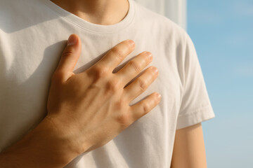 Depression and heart disease awareness Concept man placing hand over chest preventing depression raising heart disease awareness calm hopeful sunlight