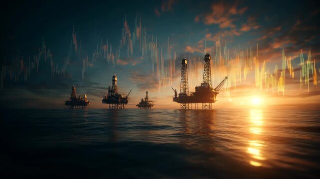 Offshore oil rigs with financial data chart at sunset