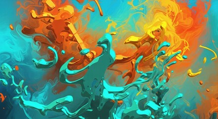 Obraz premium Vibrant Teal and Orange Paint Splatter Explosion Chaotic Abstract Dynamic Energetic Motion