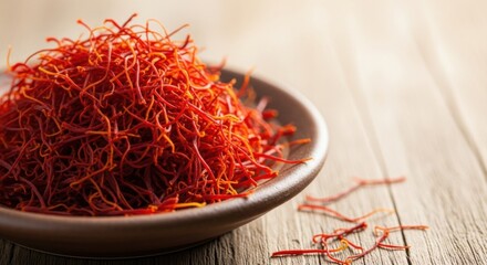 Fototapeta premium Saffron threads overflowing from bowl on wooden table for culinary and decoration use