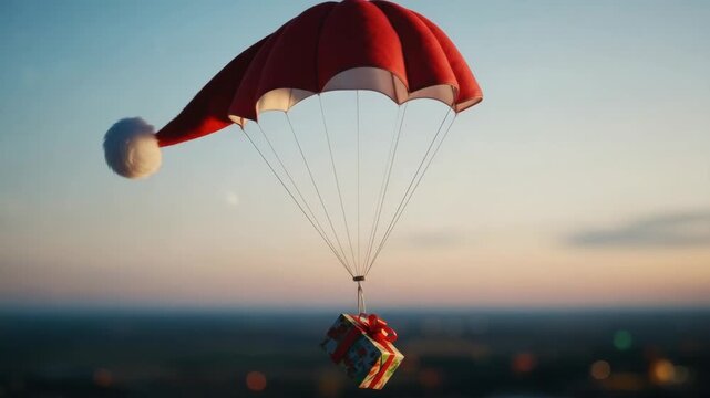 Whimsical santa parachute delivers festive gifts at sunset with holiday cheer and magic. 4k Video footage