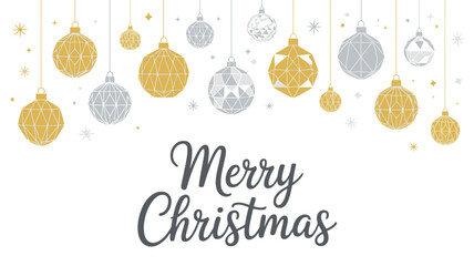 Fototapeta premium Elegant merry christmas greeting with hanging ornaments and snowflakes