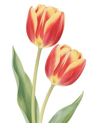Naklejka premium Two tulips with red and yellow petals and green leaves, showcasing natural beauty and floral elegance.