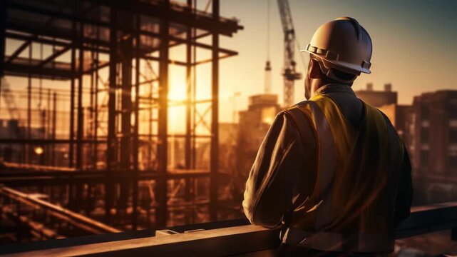 A construction engineer in a safety vest looking at the sunrise over a building site