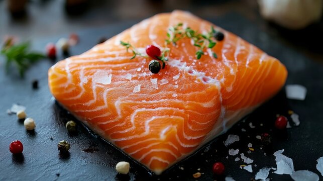 Fresh raw salmon steak displayed on a wooden surface ready for culinary preparation - Powered by Adobe